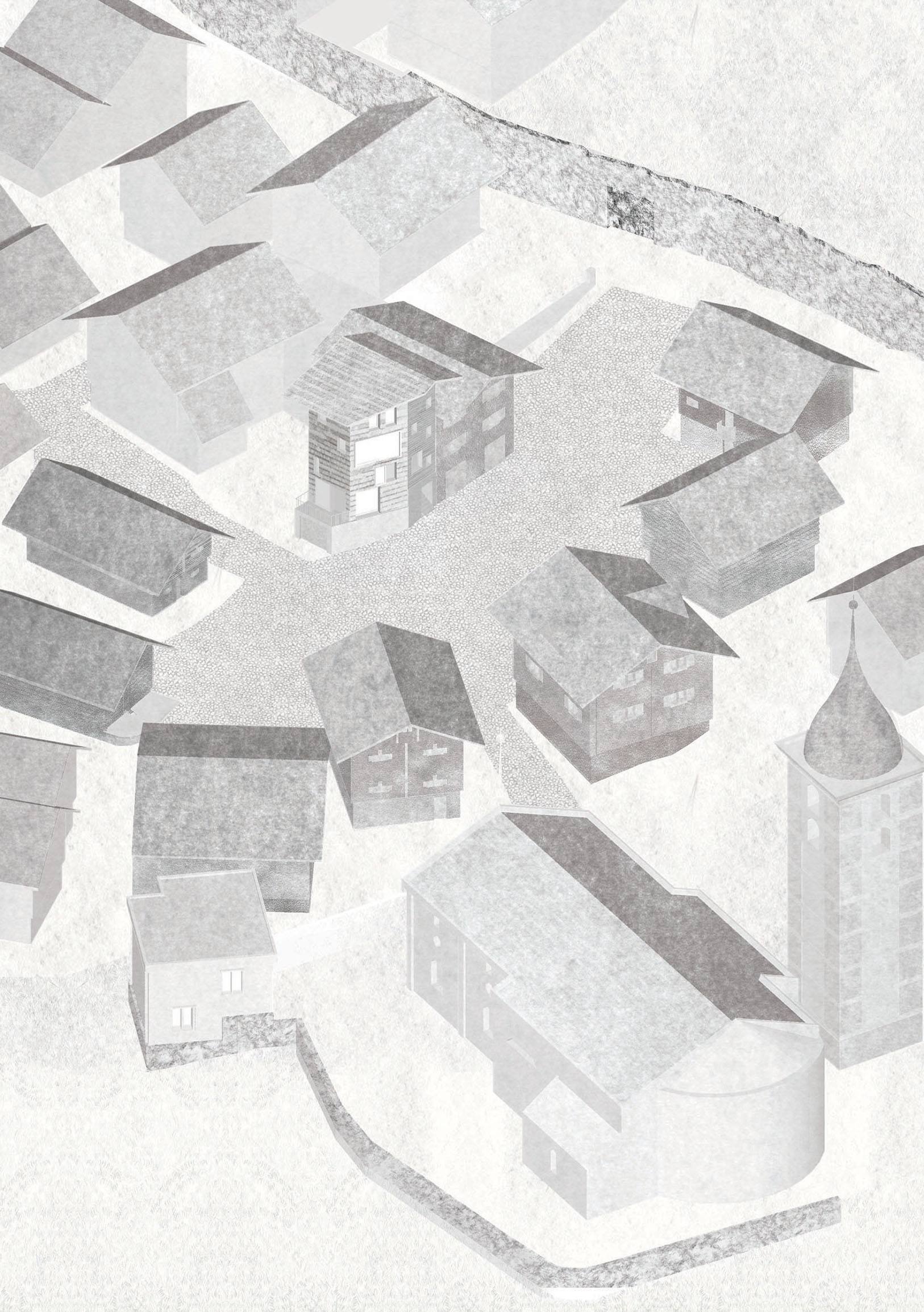 Textured axonometric of the proposal in the context of the village.